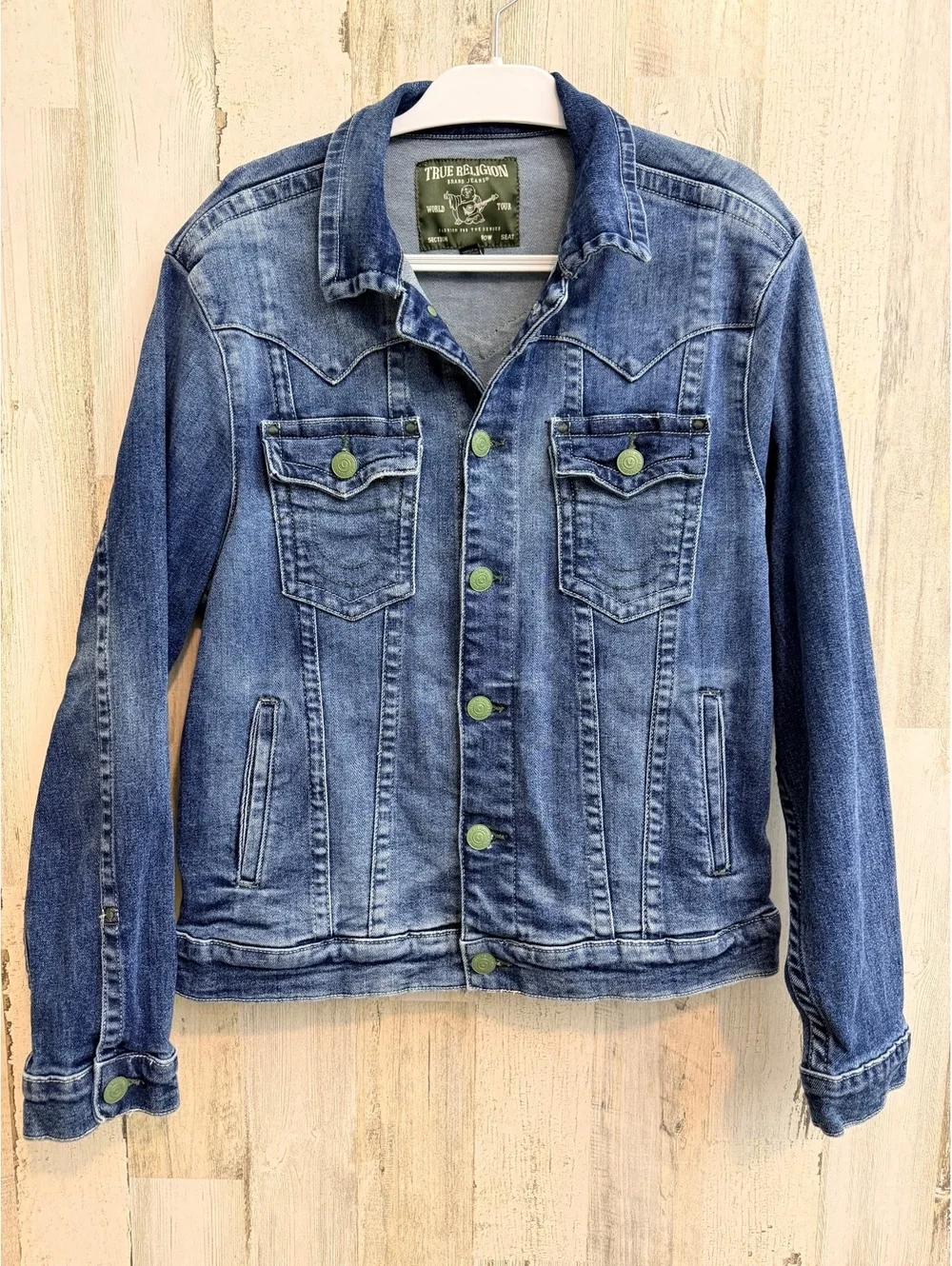True Religion World Tour Denim Trucker Jacket Men’s L Green Hardware